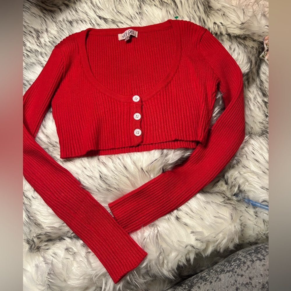VRG GRL RED RIBBED CROP SWEATER